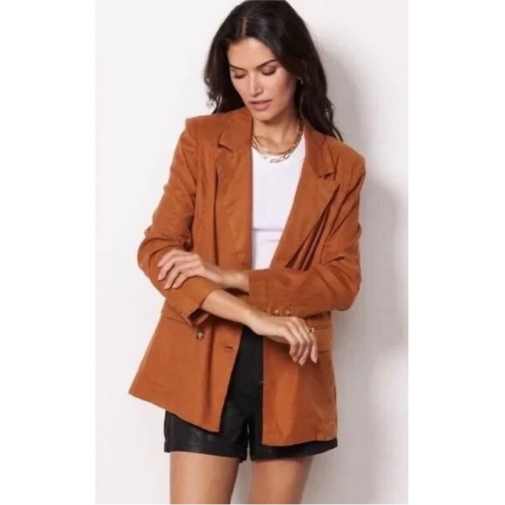 Evereve Alexa Double Breasted Oversized Blazer Linen Blend Jacket Camel XS